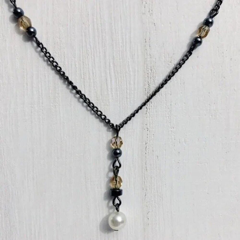Beaded Drop Y Chain Dangle Accent Necklace Gunmetal